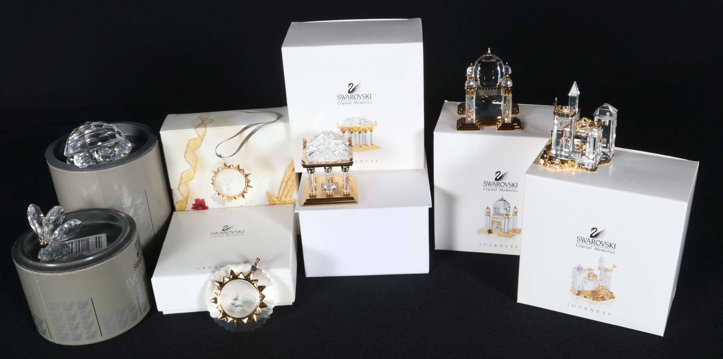 SIX SWAROVSKI CRYSTAL AND GOLD MEMORIES PCS WITH BOXES