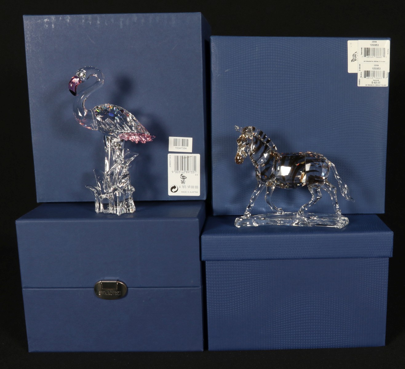 SWAROVSKI CRYSTAL FLAMINGO & ZEBRA WITH COLOR IN BOXES