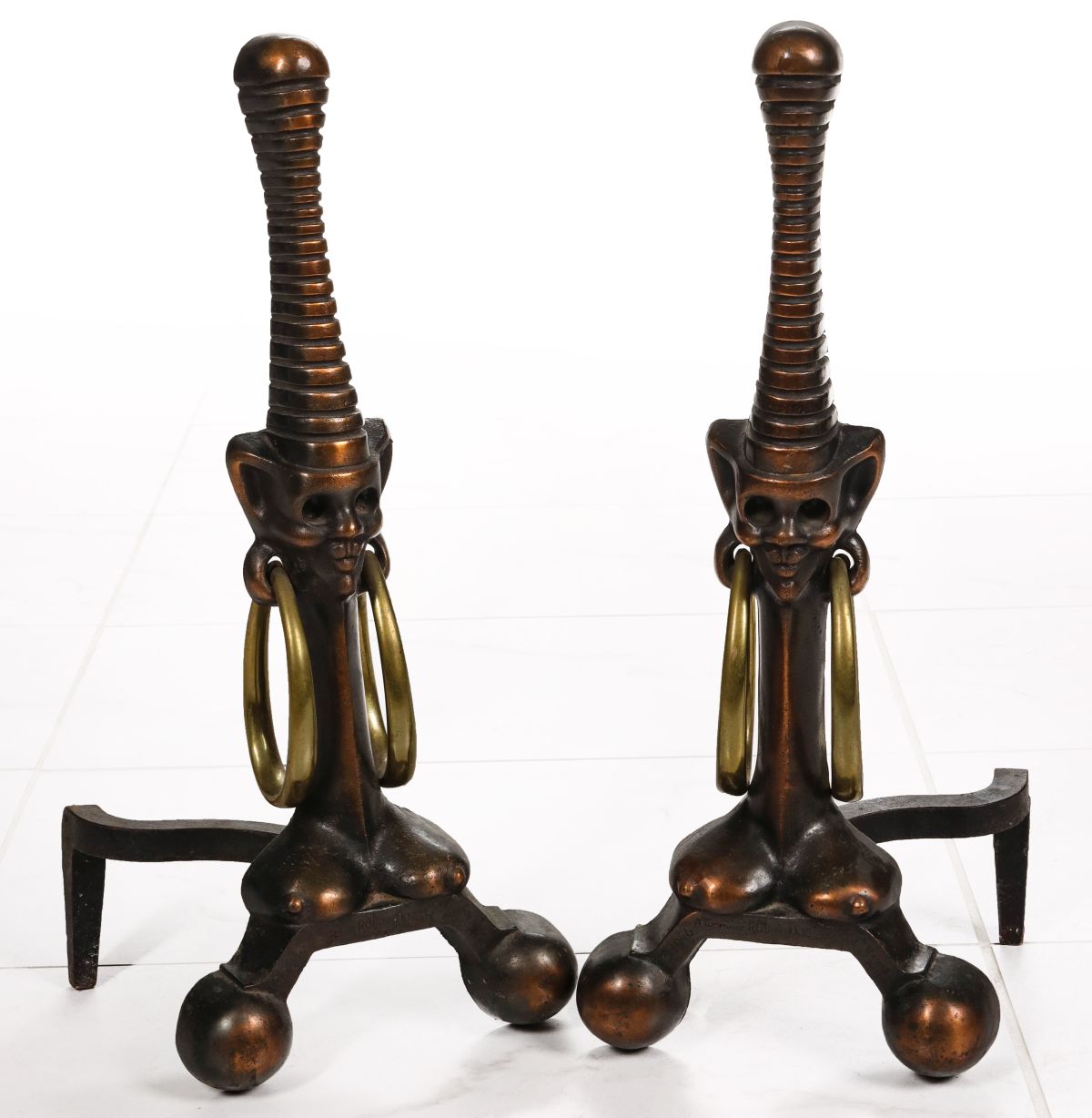 MODERNIST FIGURAL BRONZE ANDIRONS DATED 1945