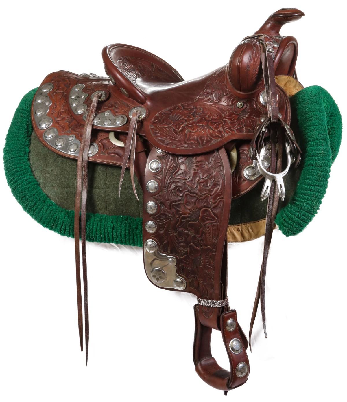 SADDLE, SPURS & MATCHING BREASTPLATE STAMPED RHODES KC