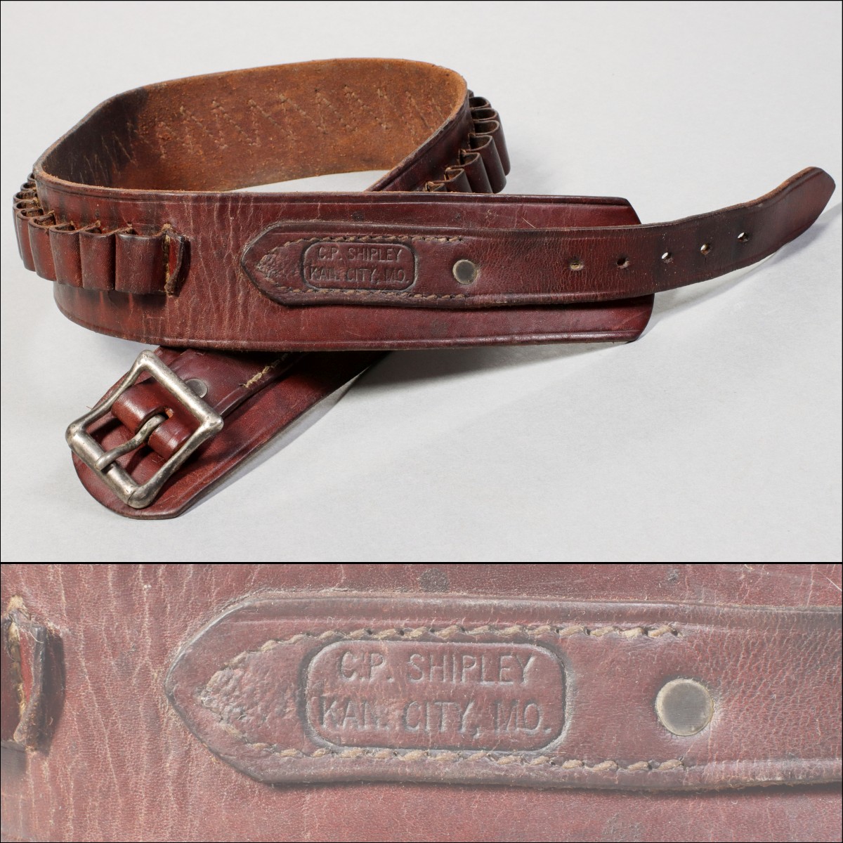 A GUN LEATHER CARTRIDGE BELT STAMPED C.P. SHIPLEY