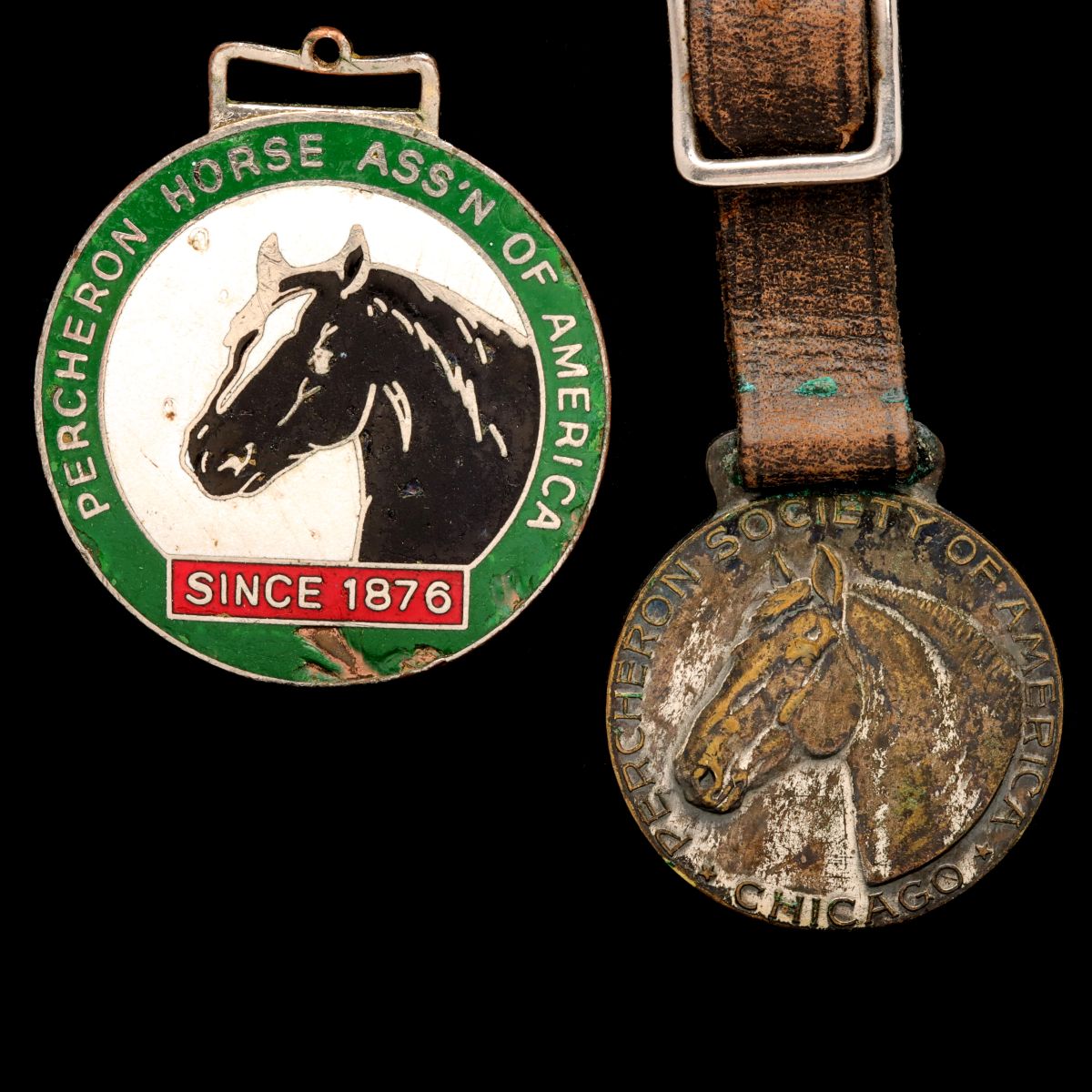 PERCHERON BREEDERS ADVERTISING WATCH FOBS, ONE ENAMELED