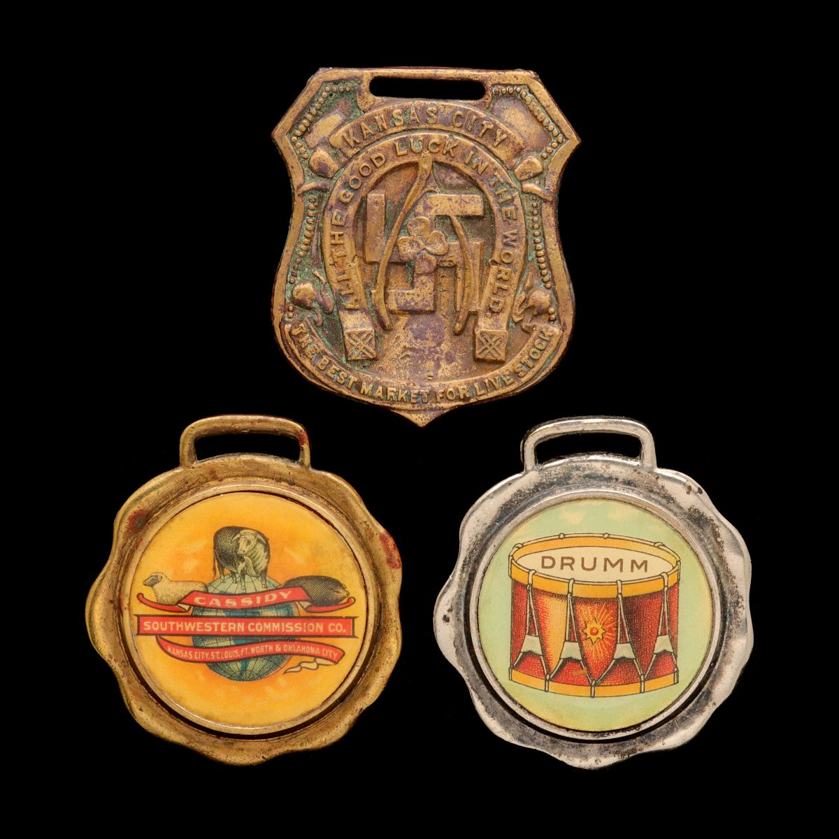 THREE KC STOCKYARDS & LIVESTOCK COMM ADVTG WATCH FOBS