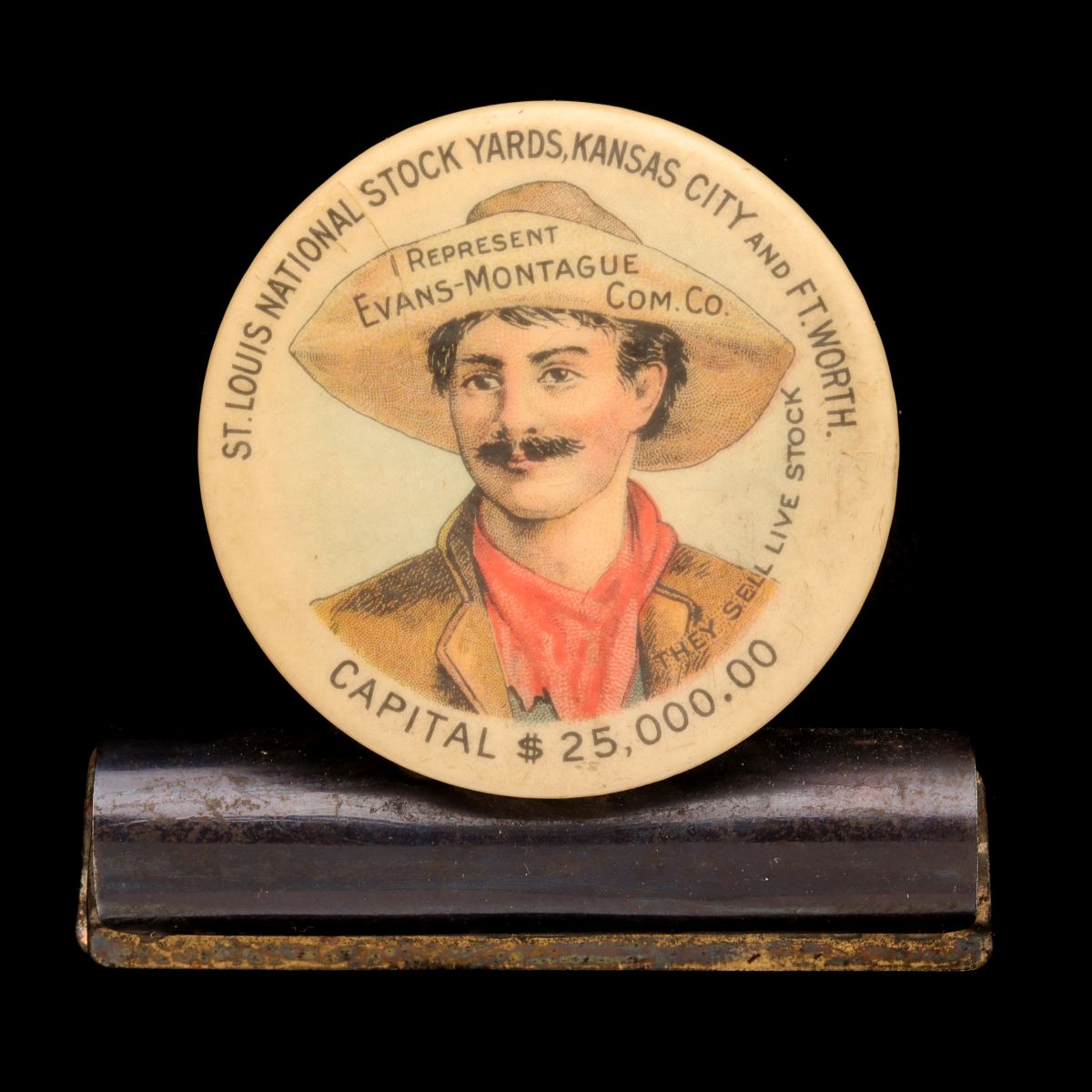 EVANS MONTAGUE CELLULOID BUTTON BILL HOLDER WITH COWBOY