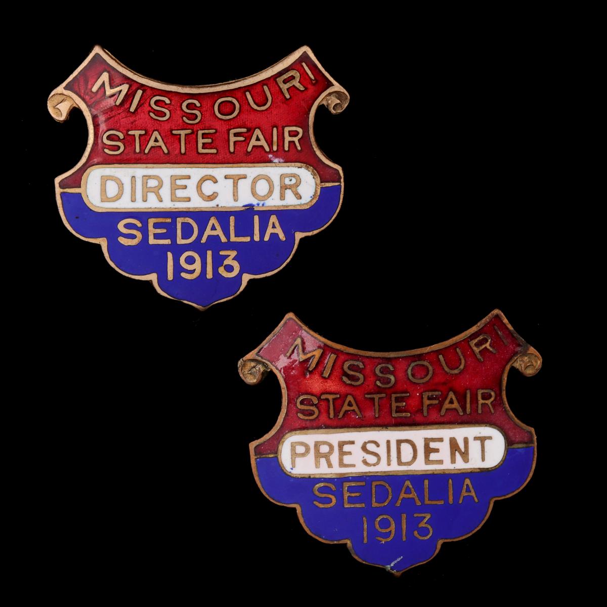 ENAMELED MISSOURI STATE FAIR BADGES DATED 1913