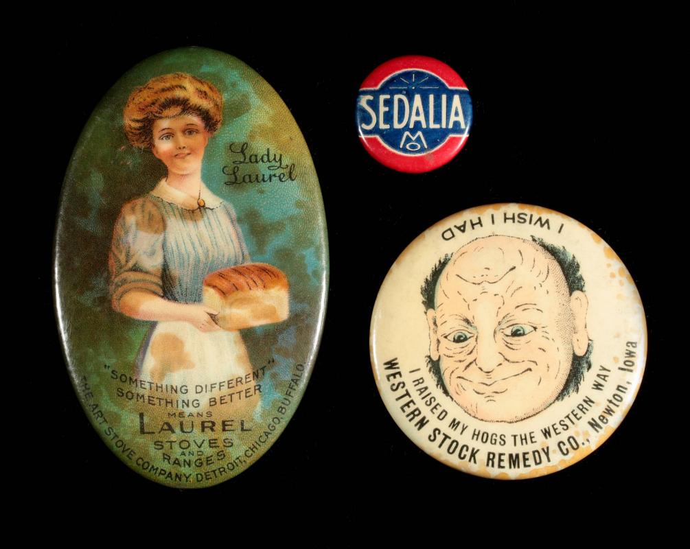 ADVERTISING POCKET MIRRORS; SEDALIA LAPEL BUTTON 