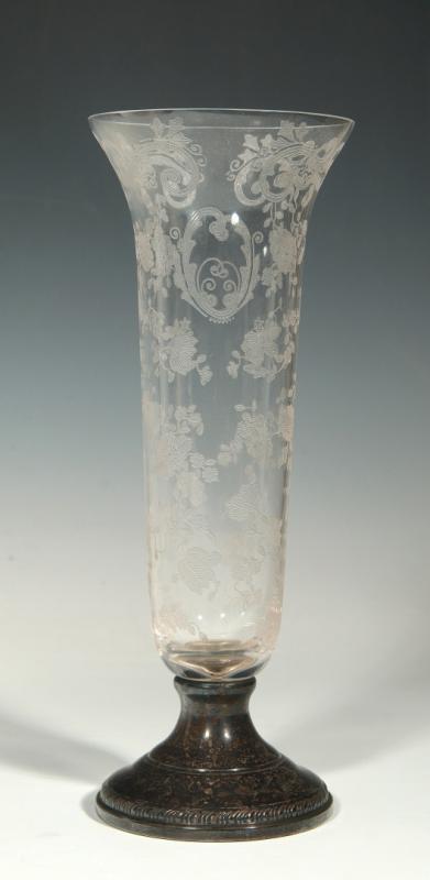 AN 'ELEGANT DEPRESSION' ETCHED VASE WITH STERLING