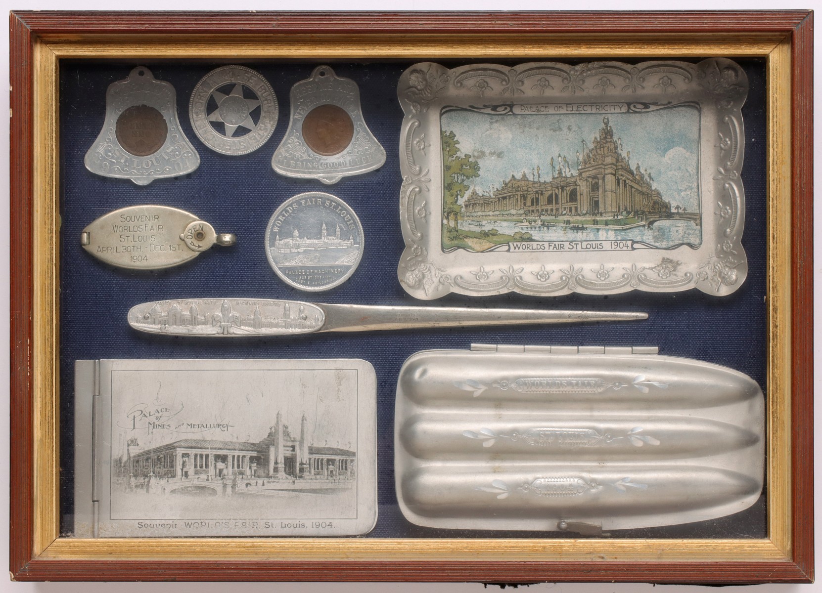 A SHADOWBOX COLLECTION OF 1904 WORLD'S FAIR SOUVENIRS