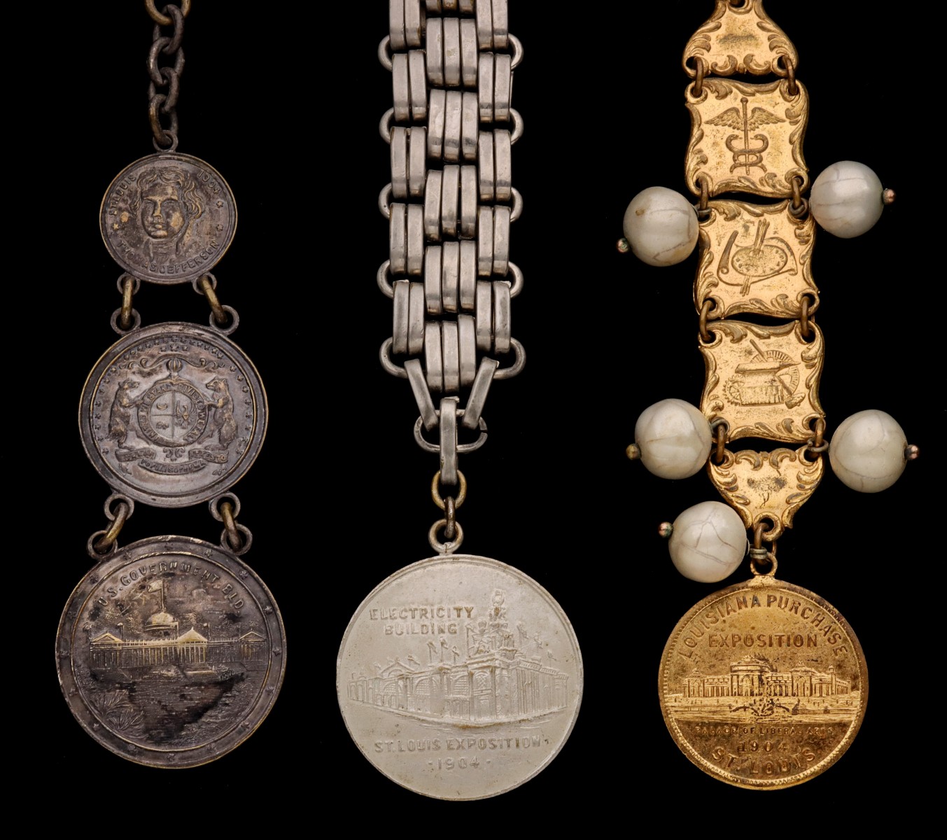 THREE 1904 WORLD'S FAIR SOUVENIR WATCH FOBS