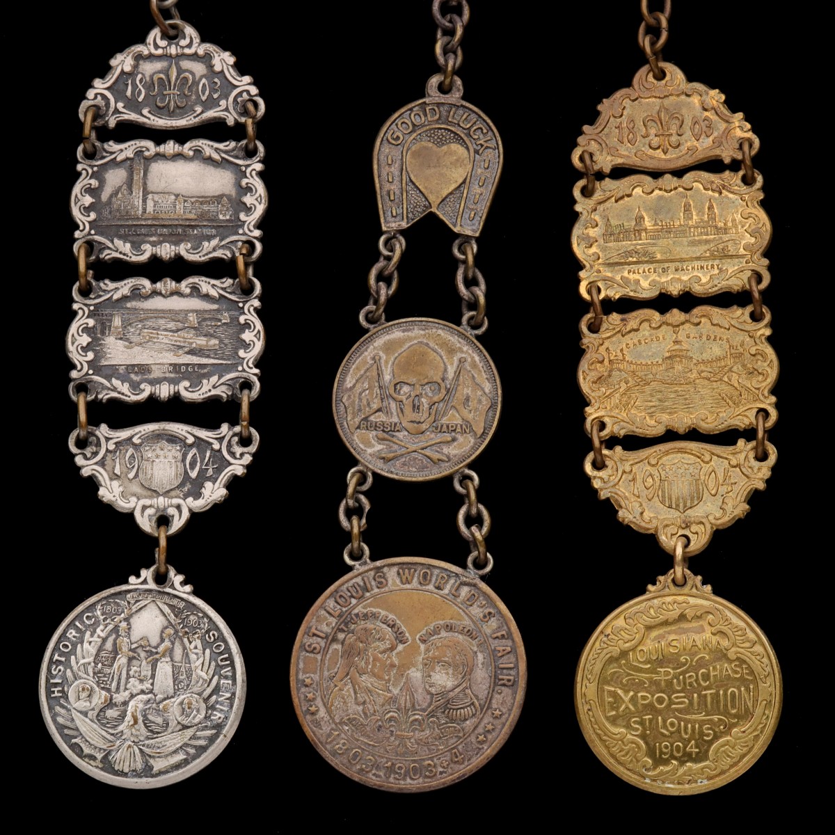 THREE 1904 WORLD'S FAIR SOUVENIR WATCH FOBS