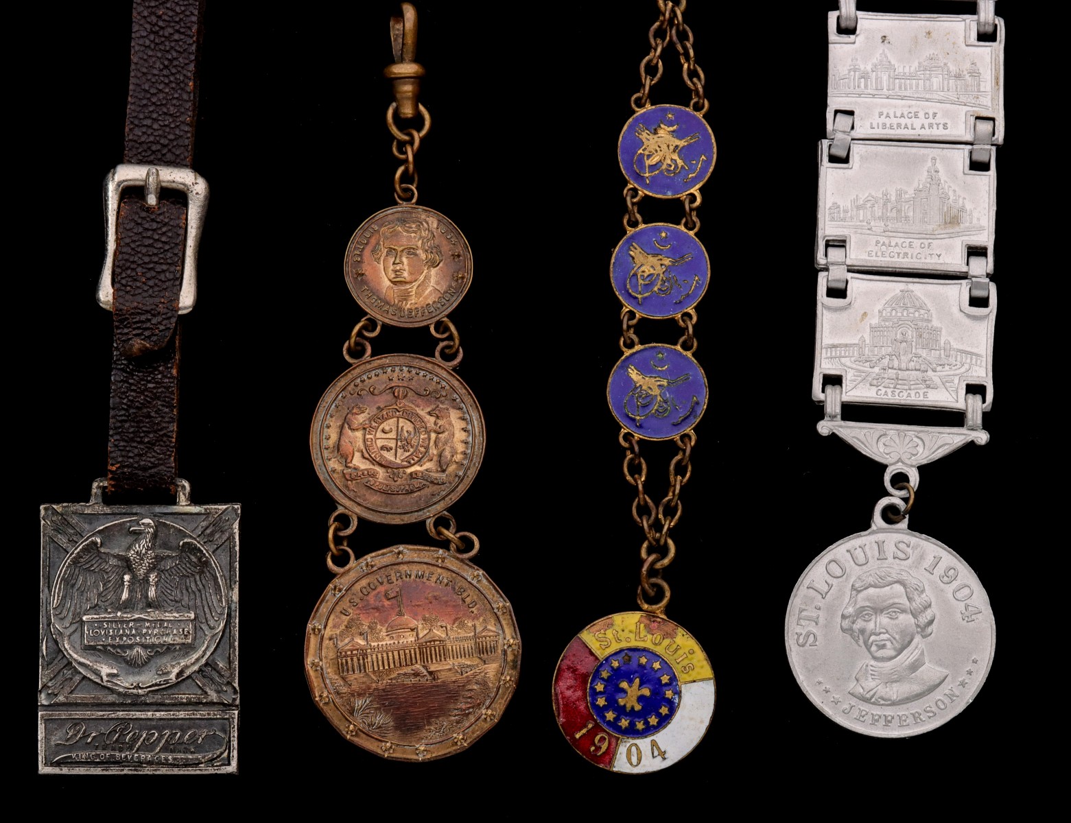 FOUR 1904 WORLD'S FAIR SOUVENIR WATCH FOBS