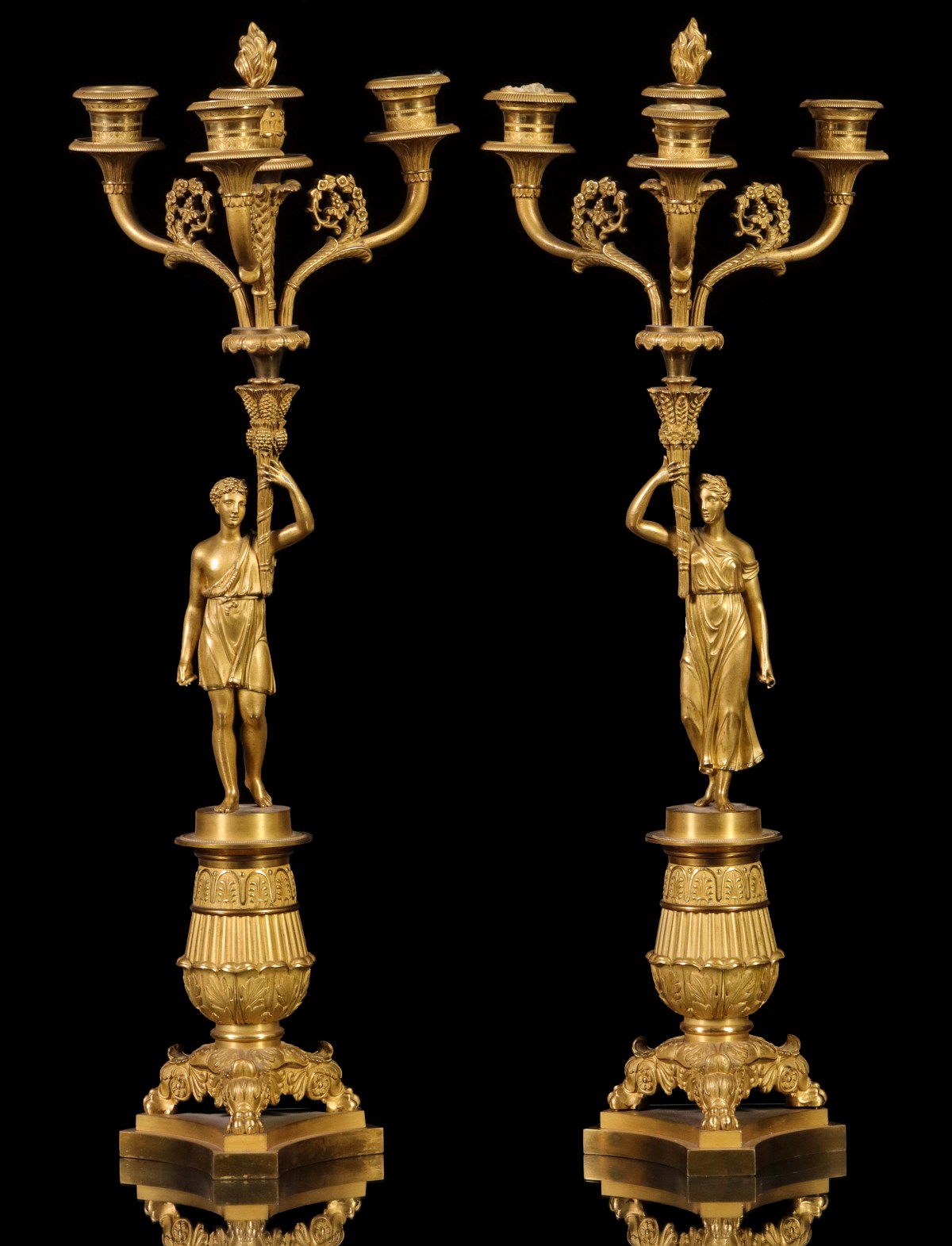 A PAIR 19TH CENT FRENCH EMPIRE BRONZE DORE' CANDELABRA