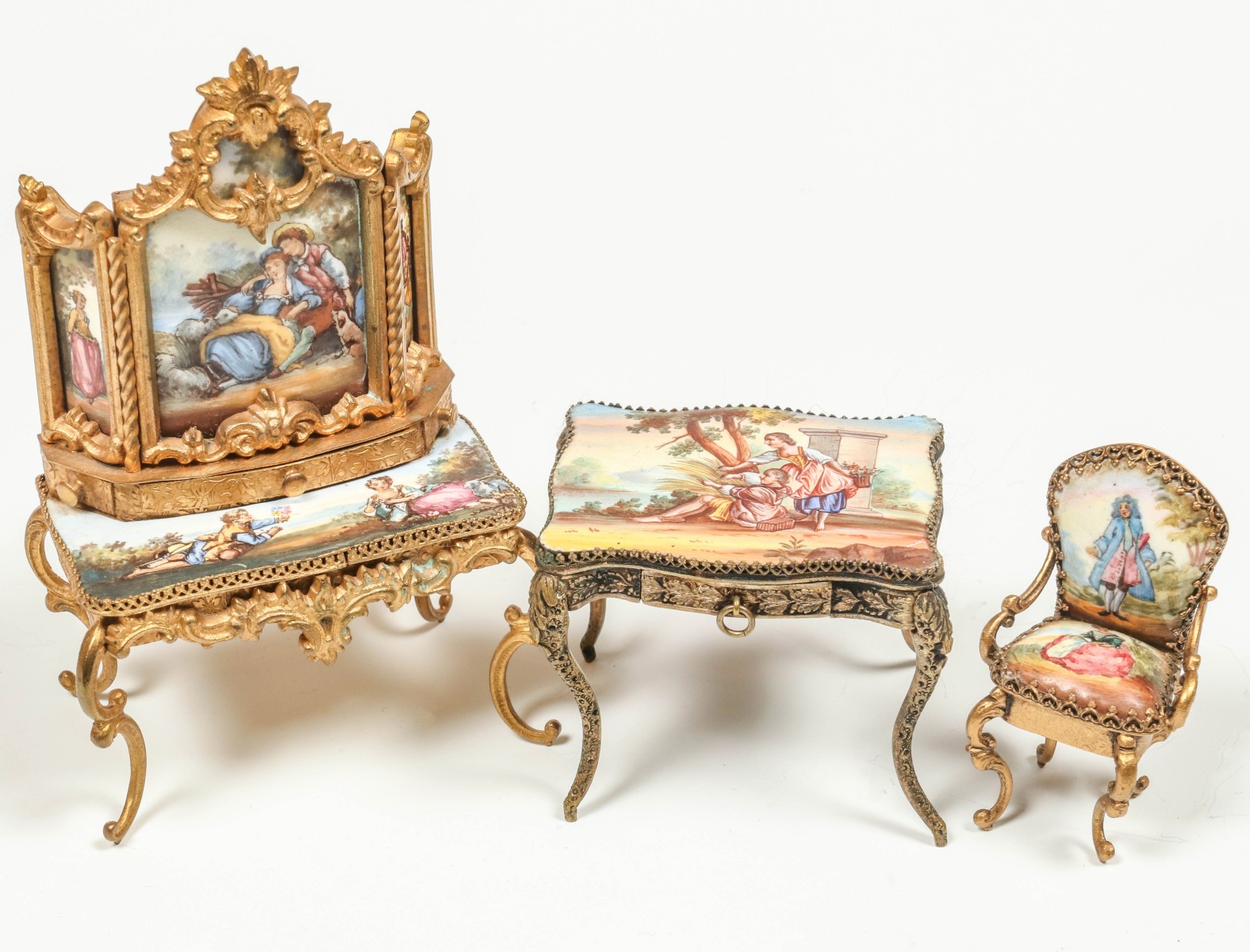 THREE PIECES VIENNESE ENAMEL MINIATURE FURNITURE