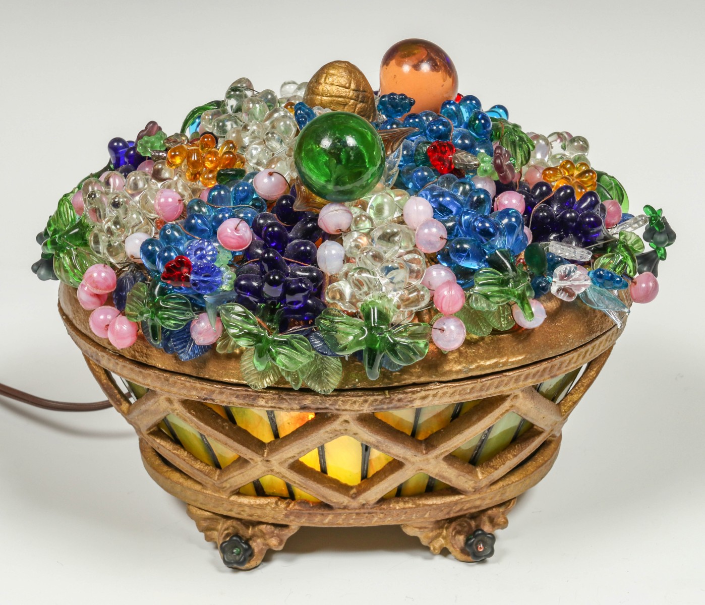 AN ELABORATE CZECH GLASS FRUIT BASKET TABLE LIGHT