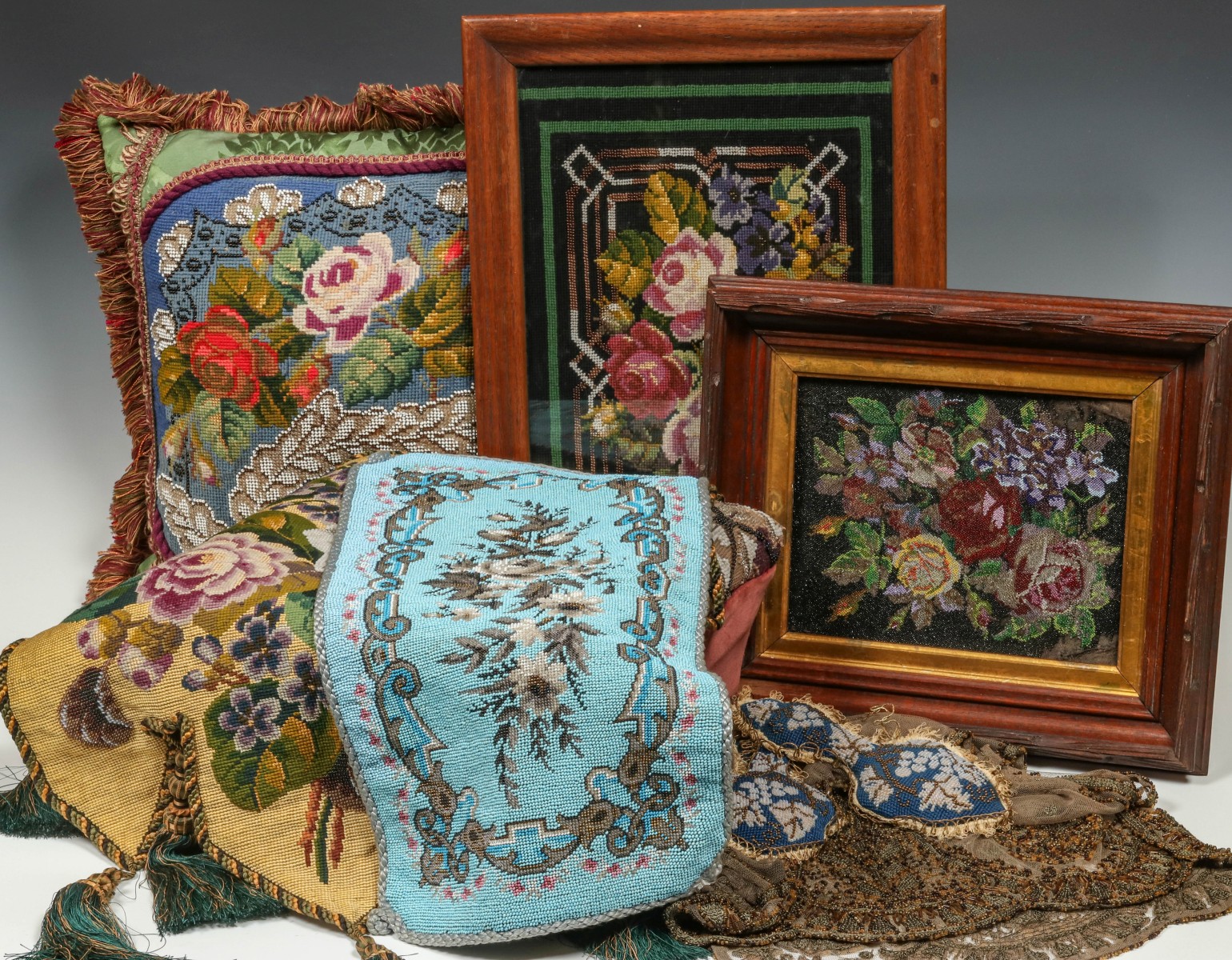 A COLLECTION OF VICTORIAN BEADED NEEDLEWORK ITEMS