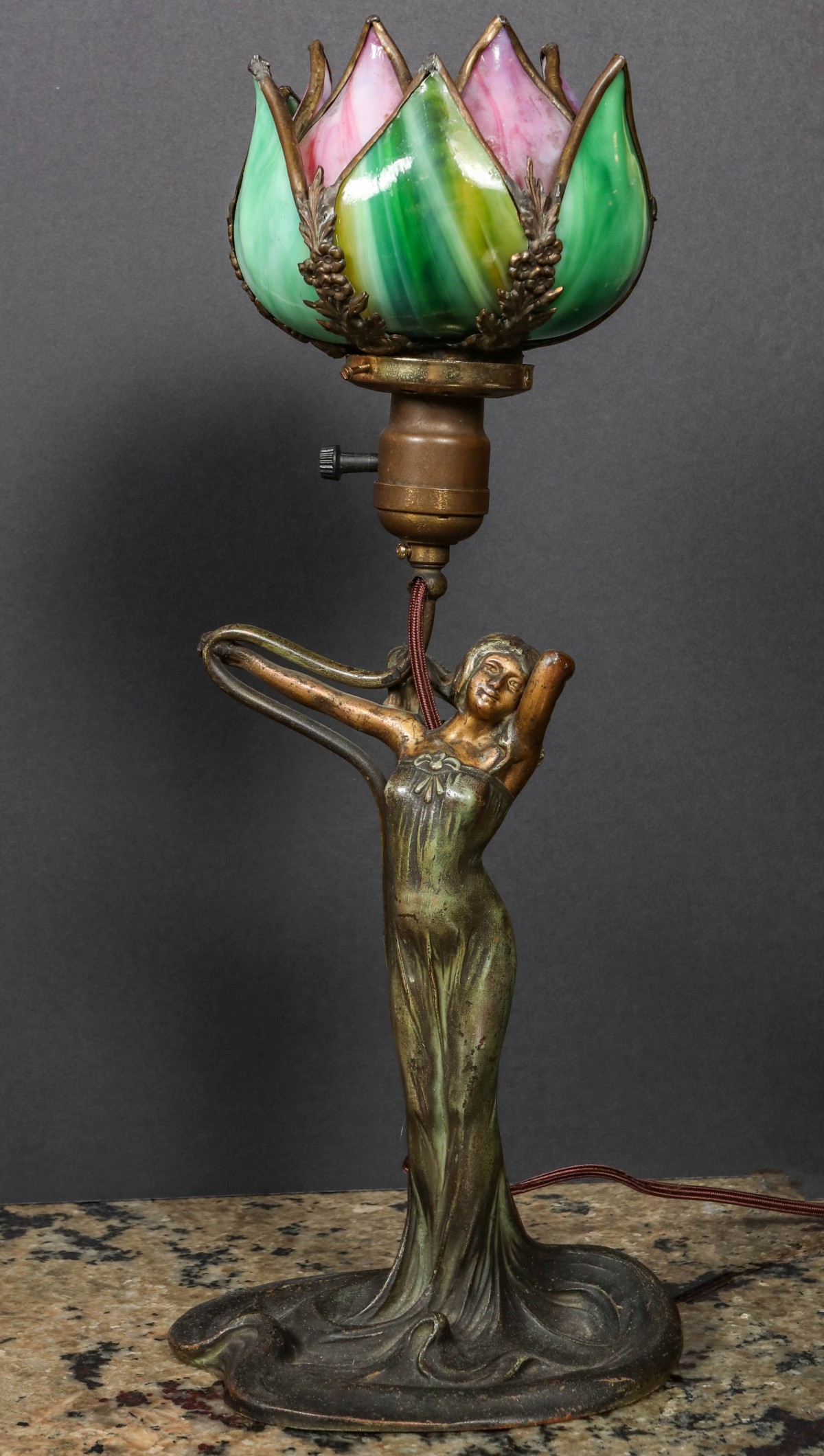 AN INTERESTING ART NOUVEAU LAMP WITH TULIP SHADE