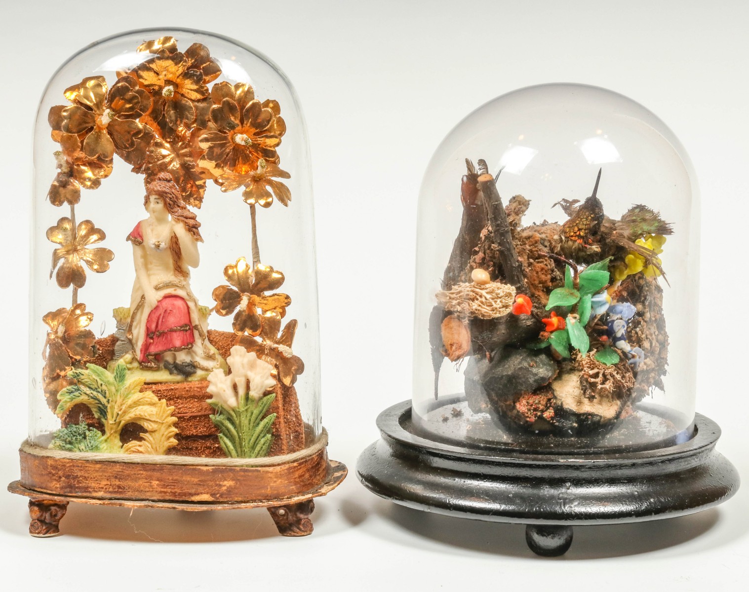 TWO ANTIQUE VICTORIAN DOME DISPLAYS UNDER GLASS