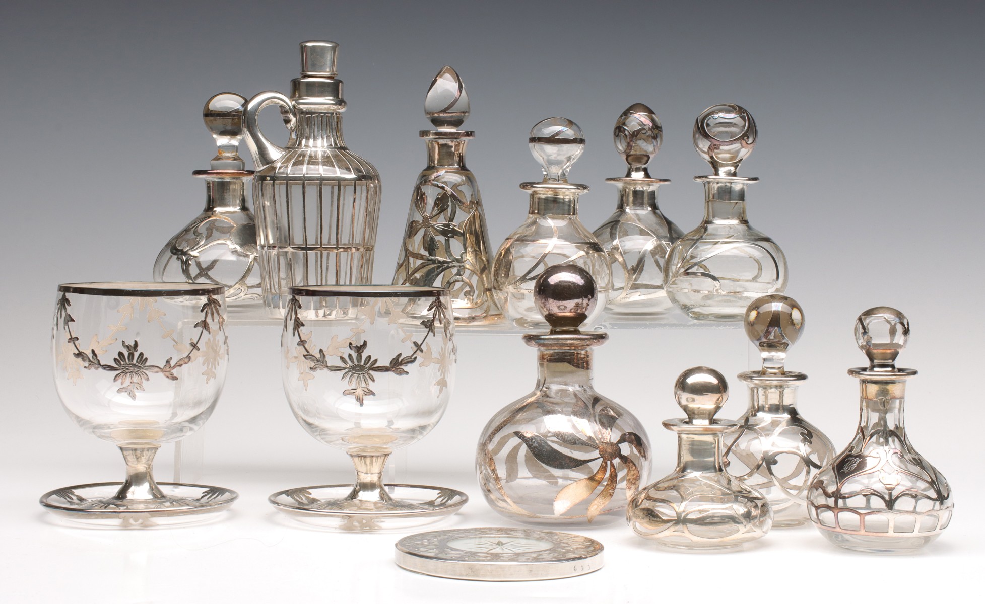 SILVER RESIST & STERLING OVERLAY SCENT BOTTLES ETC