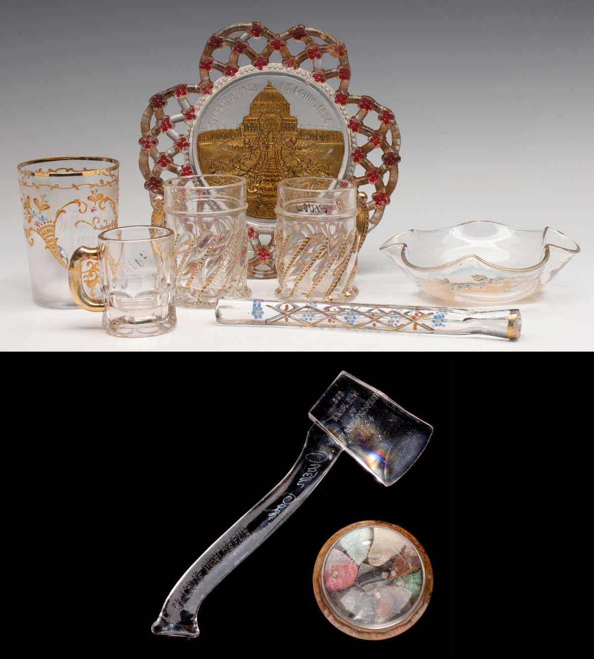 WORLD'S FAIR SOUVENIR GLASS AXE, PAPERWEIGHT, ETC