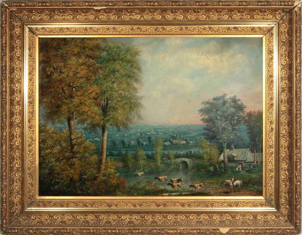 A 19TH CENTURY OIL ON CANVAS PASTORAL LANDSCAPE