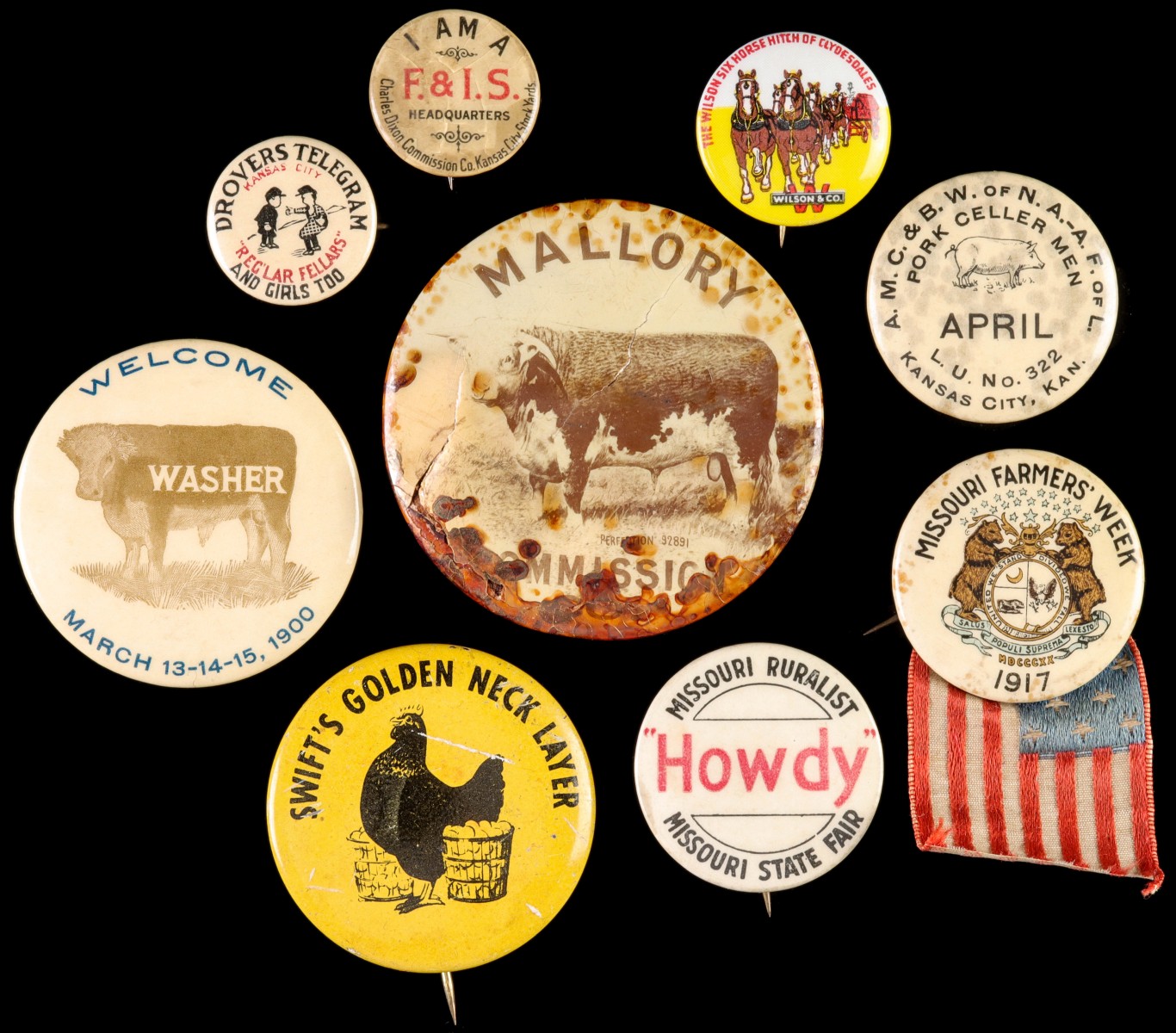 KC & MISSOURI COMMISSION, AG & DROVER BUTTONS 1900-30