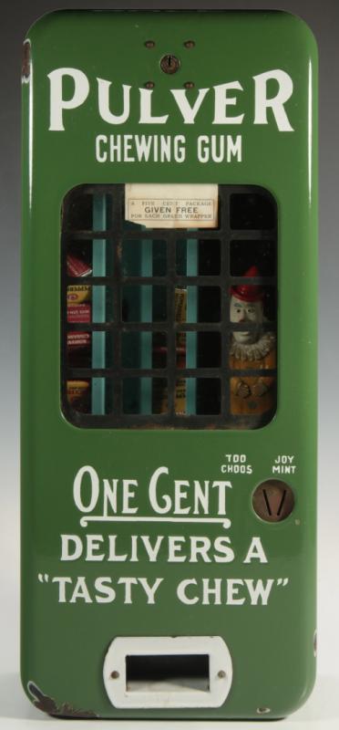 PULVER 1 CENT GUM MACHINE WITH CLOWN IN GREEN CASE