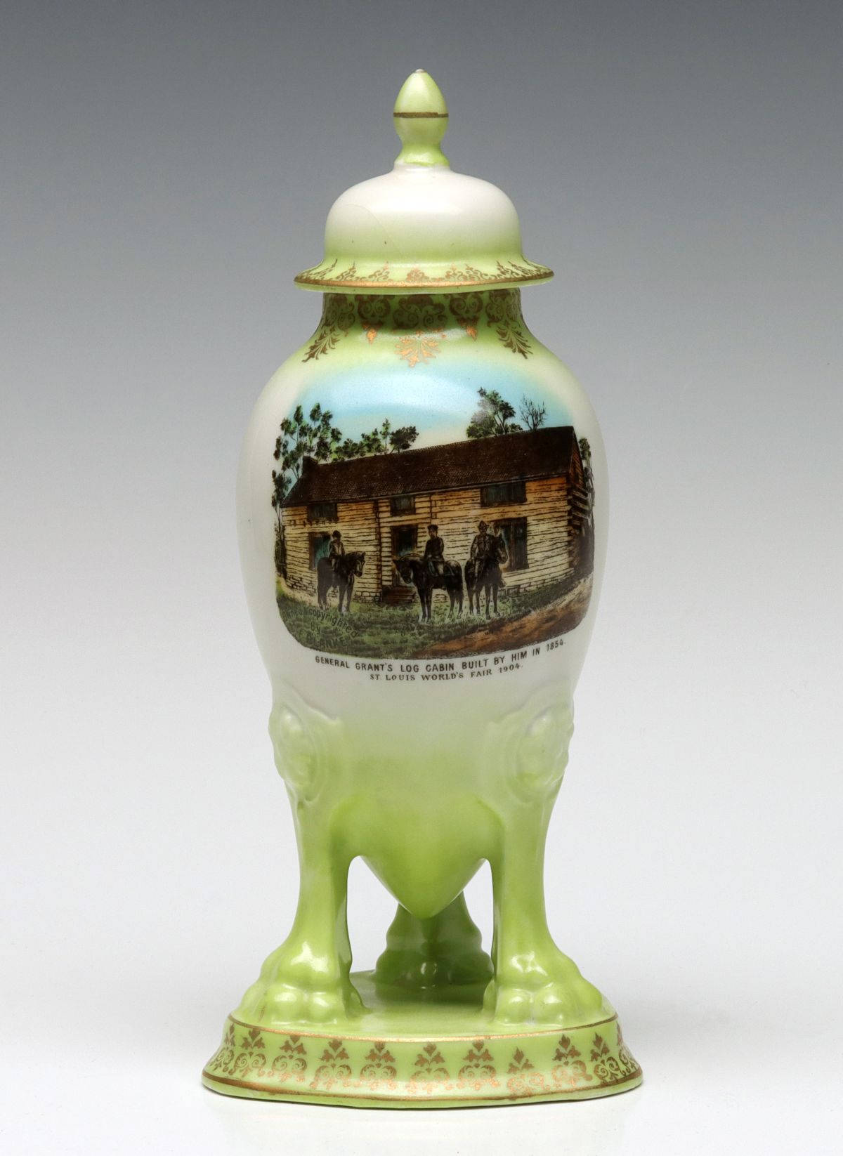 A 1904 WORLD'S FAIR LIDDED VASE GENERAL GRANTS CABIN