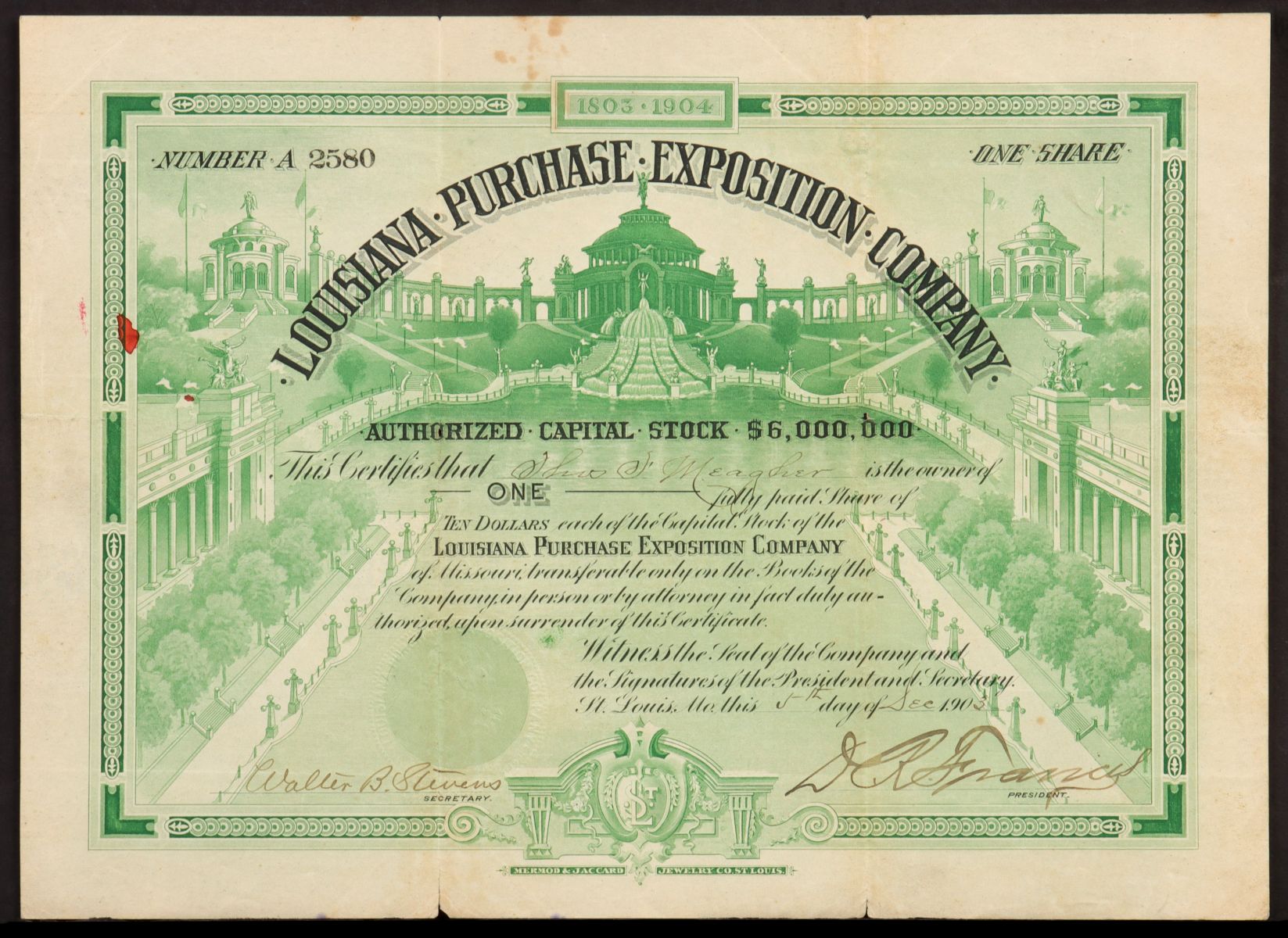 A 1904 ST. LOUIS WORLD'S FAIR $10 STOCK CERTIFICATE