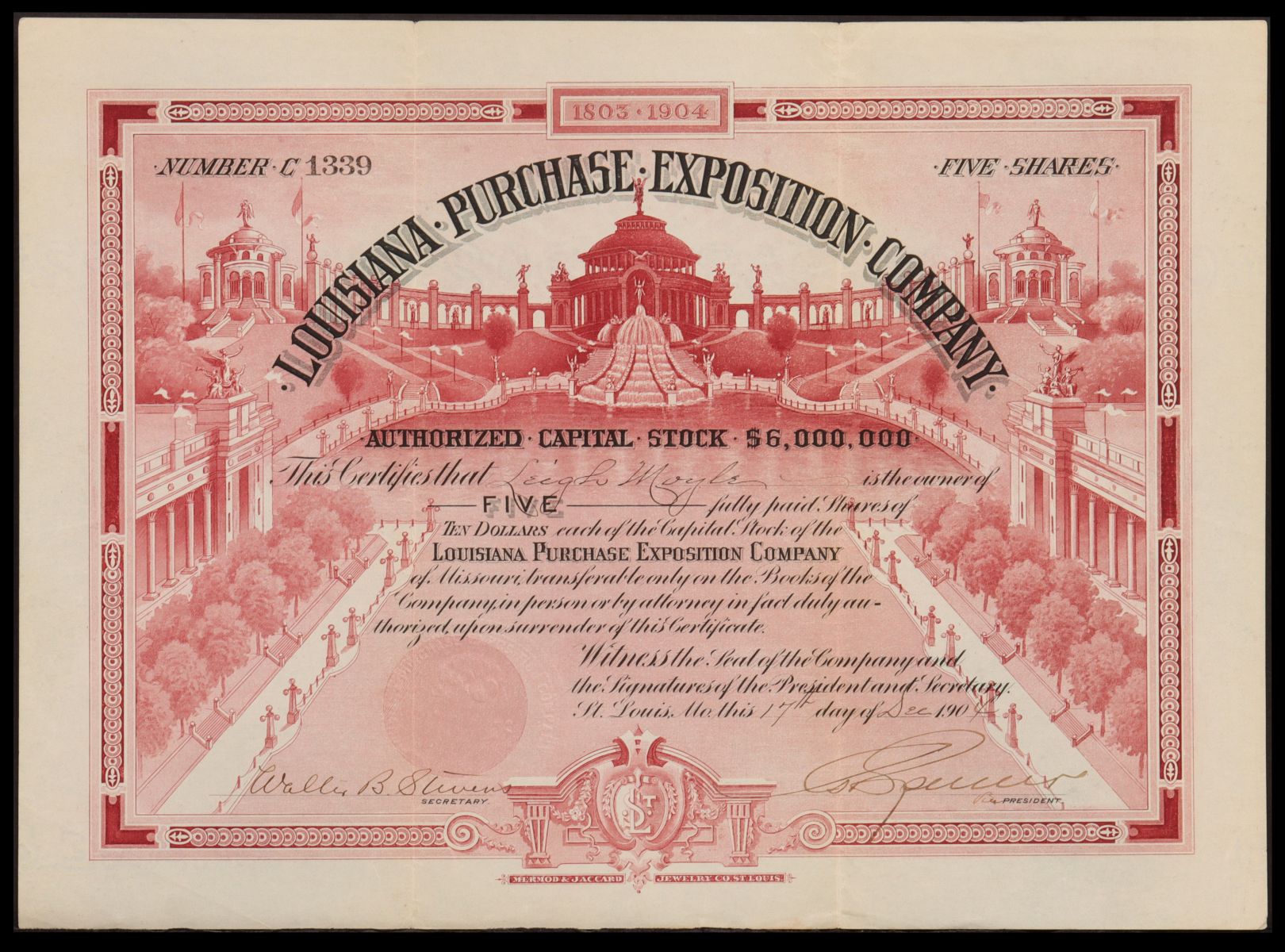 A 1904 ST. LOUIS WORLD'S FAIR $50 STOCK CERTIFICATE