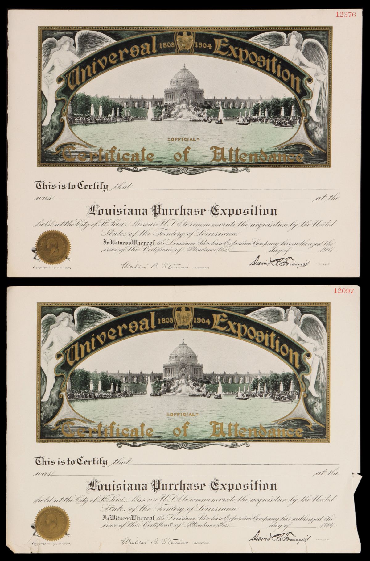 TWO 1904 ST. LOUIS WORLD'S FAIR ATTENDANCE CERTIFICATES