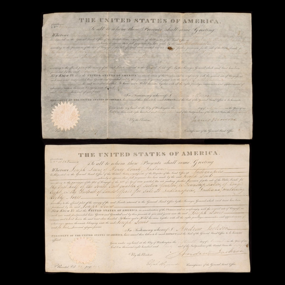 ANDREW JACKSON AND JAMES MONROE SIGNED LAND GRANTS