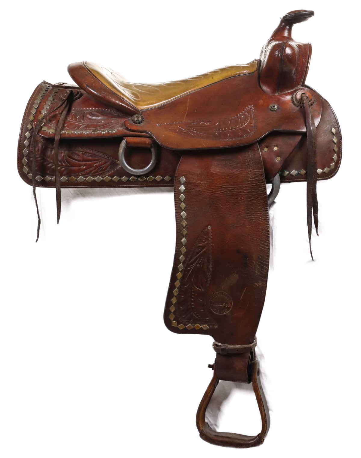 A TWO-TONE SADDLE W/STITCHED SEAT BY H. R. MILLER OF KC