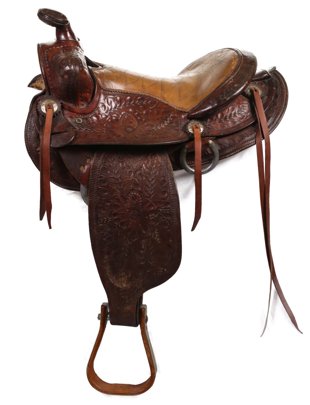 A TWO-TONE SADDLE W/STITCHED SEAT BY H. R. MILLER OF KC