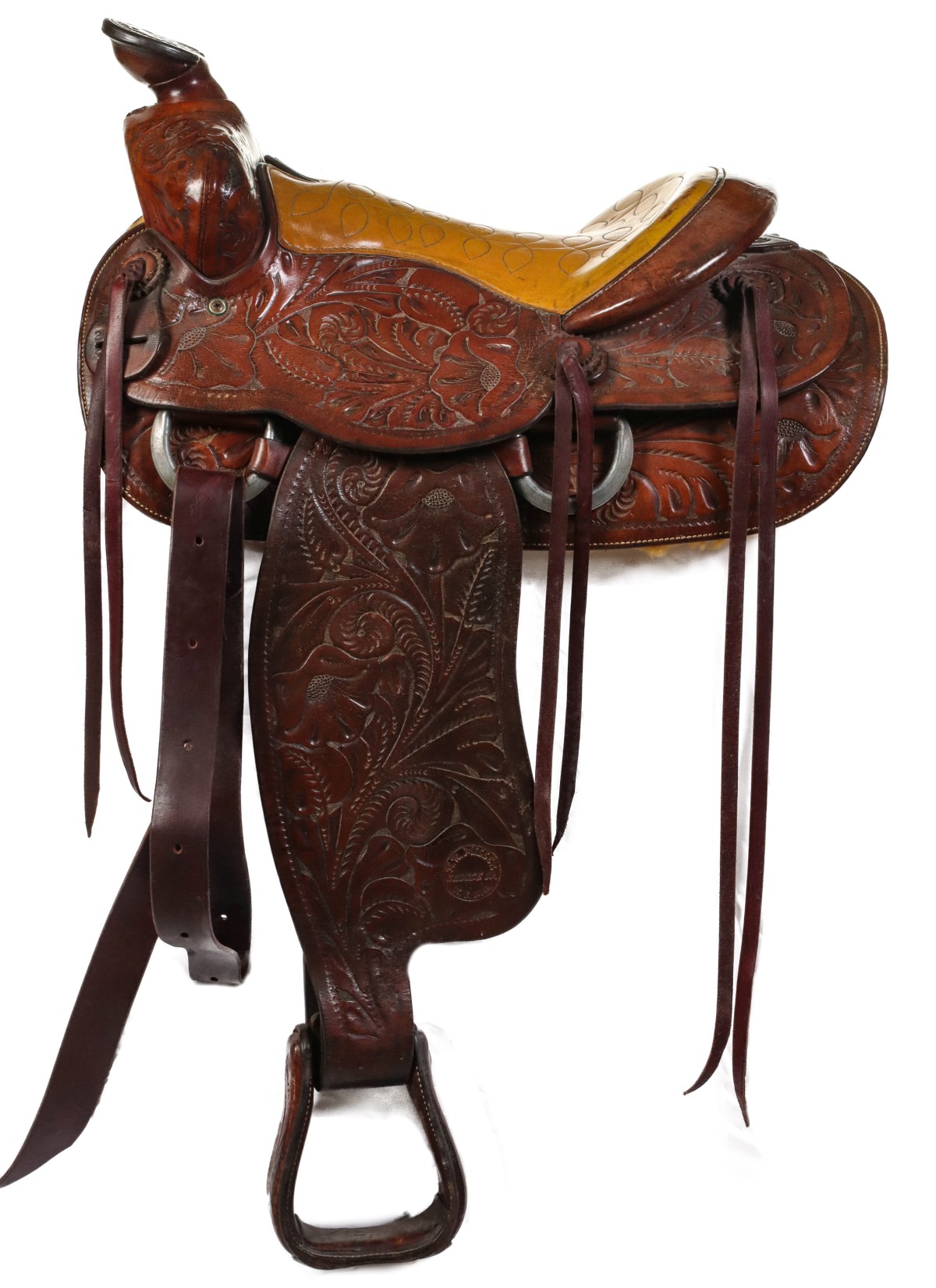 A TWO-TONE SADDLE W/STITCHED SEAT BY H. R. MILLER OF KC