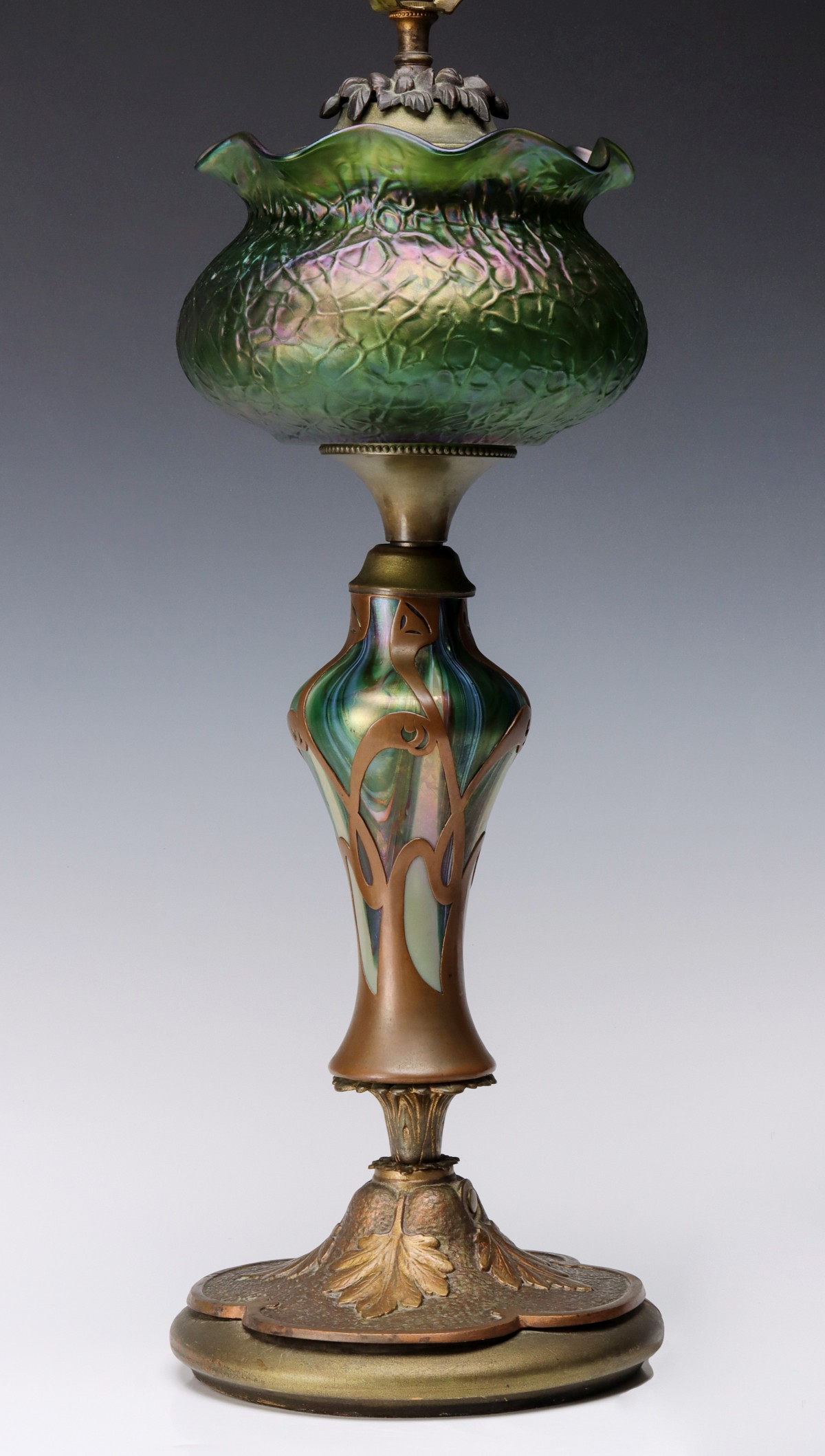 A TABLE LAMP COMPRISED OF CIRCA 1900 AUSTRIAN ART GLASS