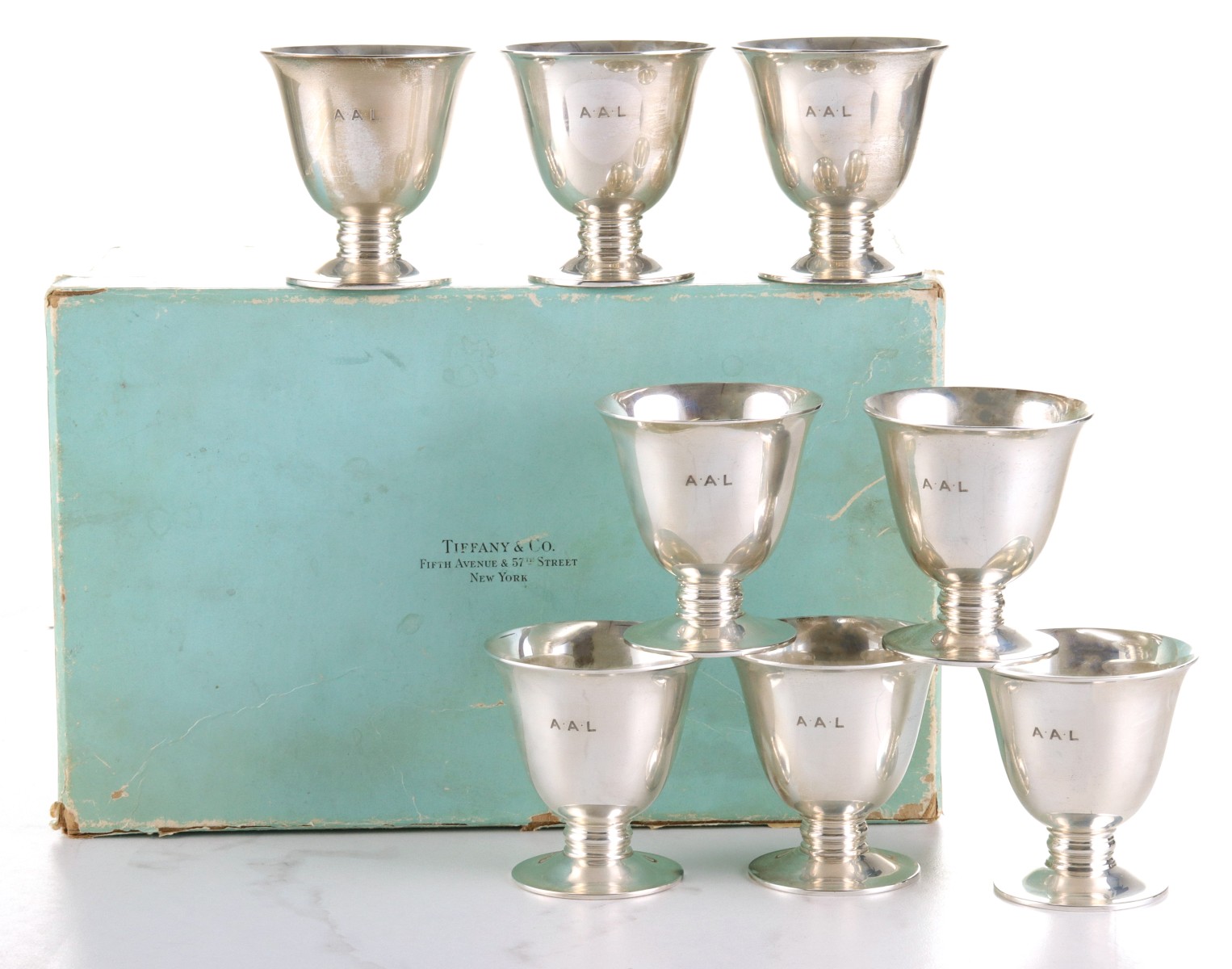 EIGHT TIFFANY AND COMPANY STERLING SILVER LOW GOBLETS