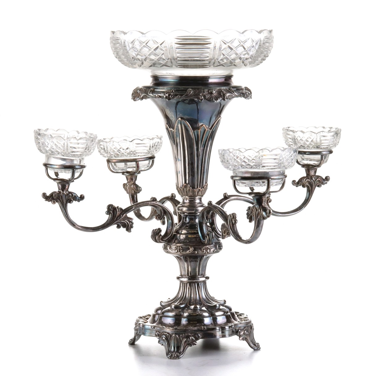 A BRITISH PLATED SILVER AND CUT CRYSTAL CENTERPIECE