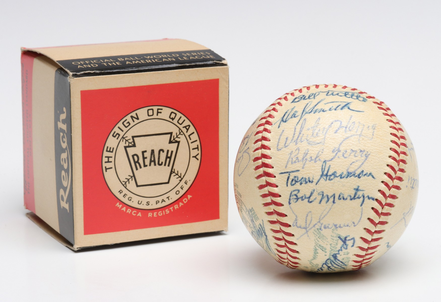 KC ATHLETICS TEAM SIGNED (MARIS) BALL IN ORIG BOX PSA