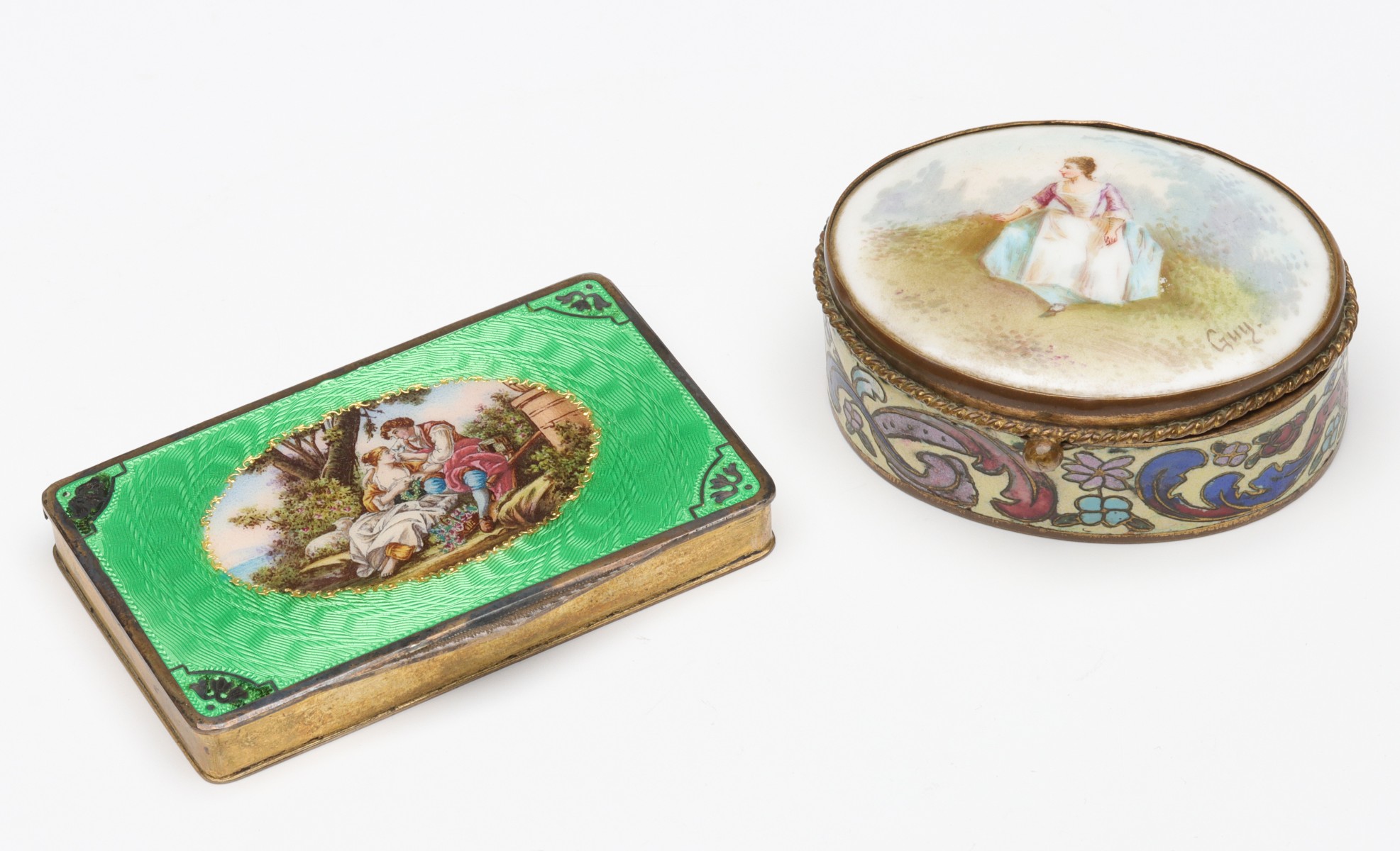 GUILLOCHE STERLING SNUFF & PAINTED PORCELAIN PATCH BOX