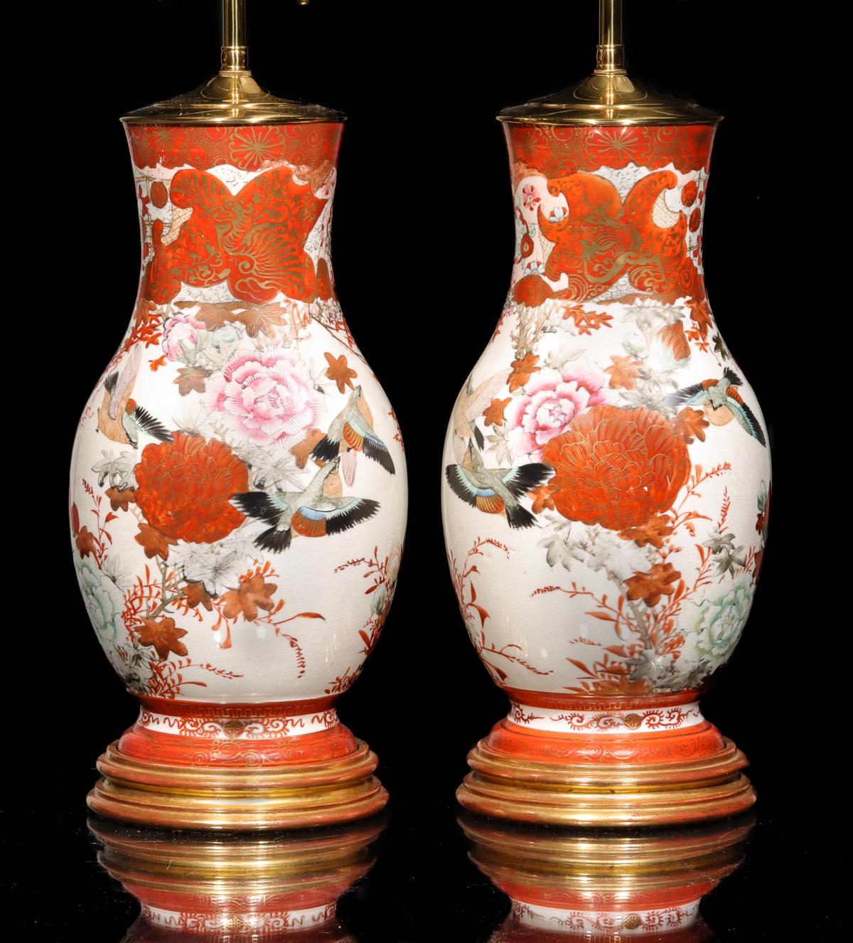 A PAIR 19C. KUTANI PORCELAIN BALUSTER VASES, NOW LAMPS