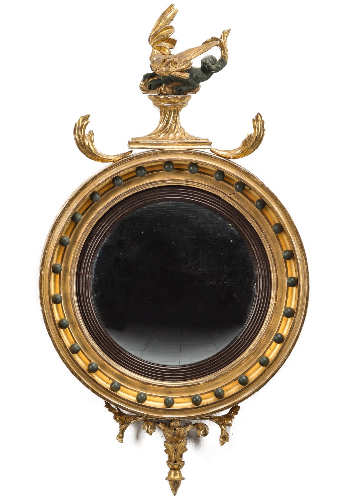 AN 18C. REGENCY CONVEX MIRROR WITH WINGED HIPPOCAMPUS