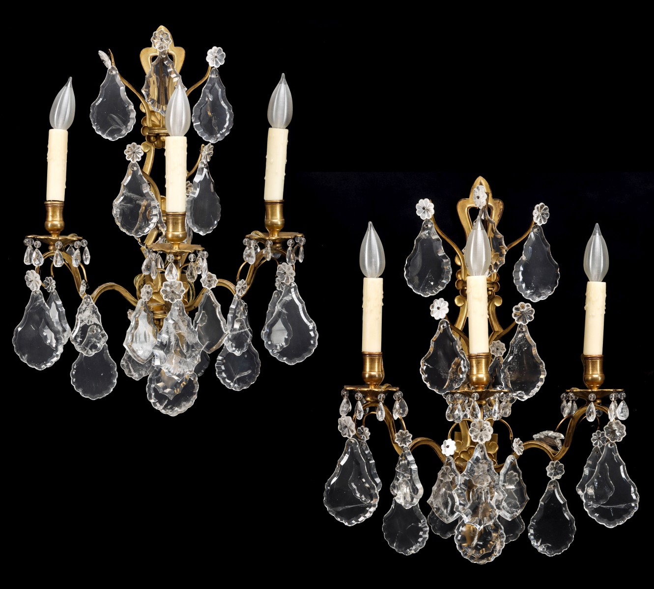 A GOOD PAIR BRONZE DORE' AND ROCK CRYSTAL WALL SCONCES