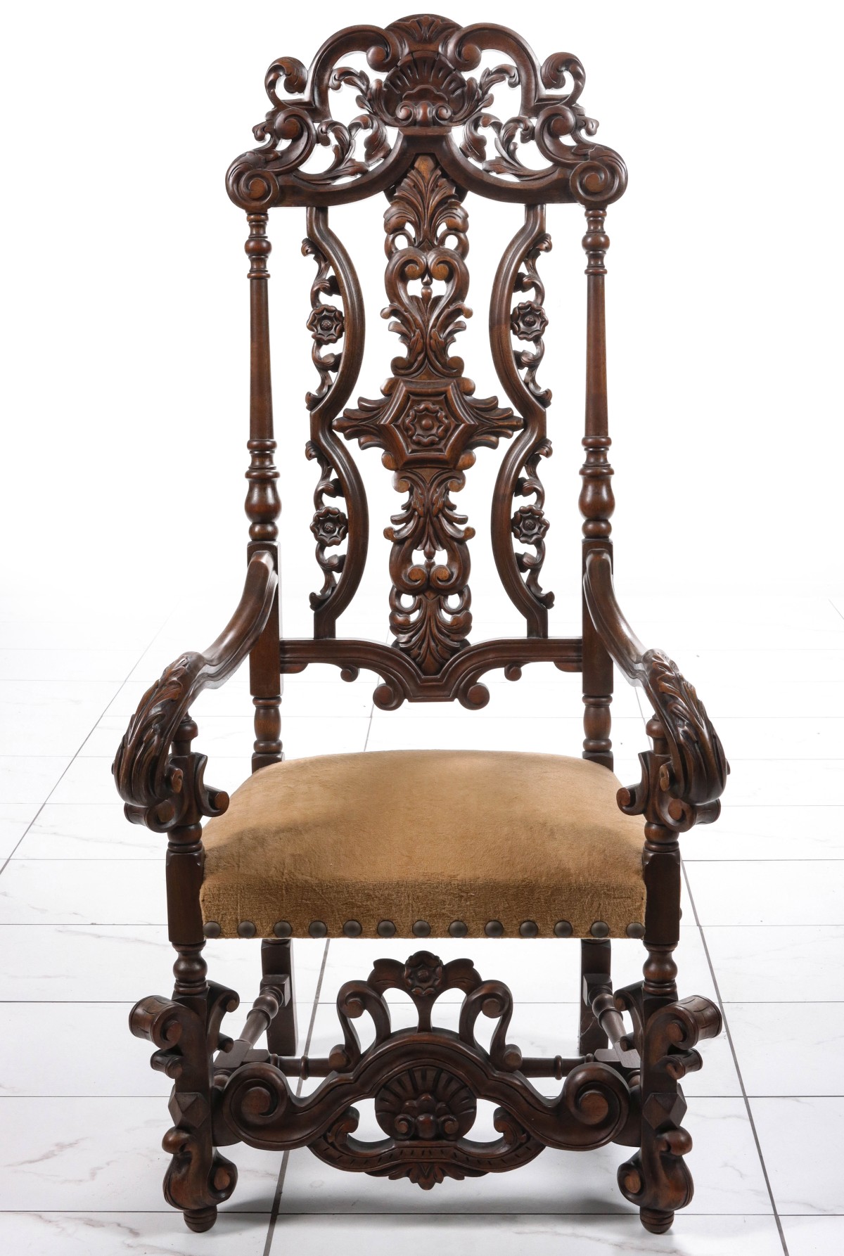 A HEAVILY CARVED LATE 19TH CENT. WALNUT HIGHBACK CHAIR