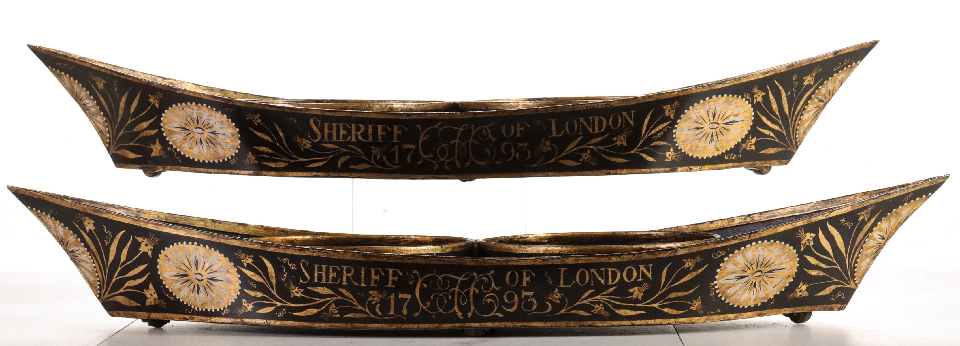 RARE 'SHERIFF OF LONDON' 18TH C. TOLE WINE TROLLEY PAIR