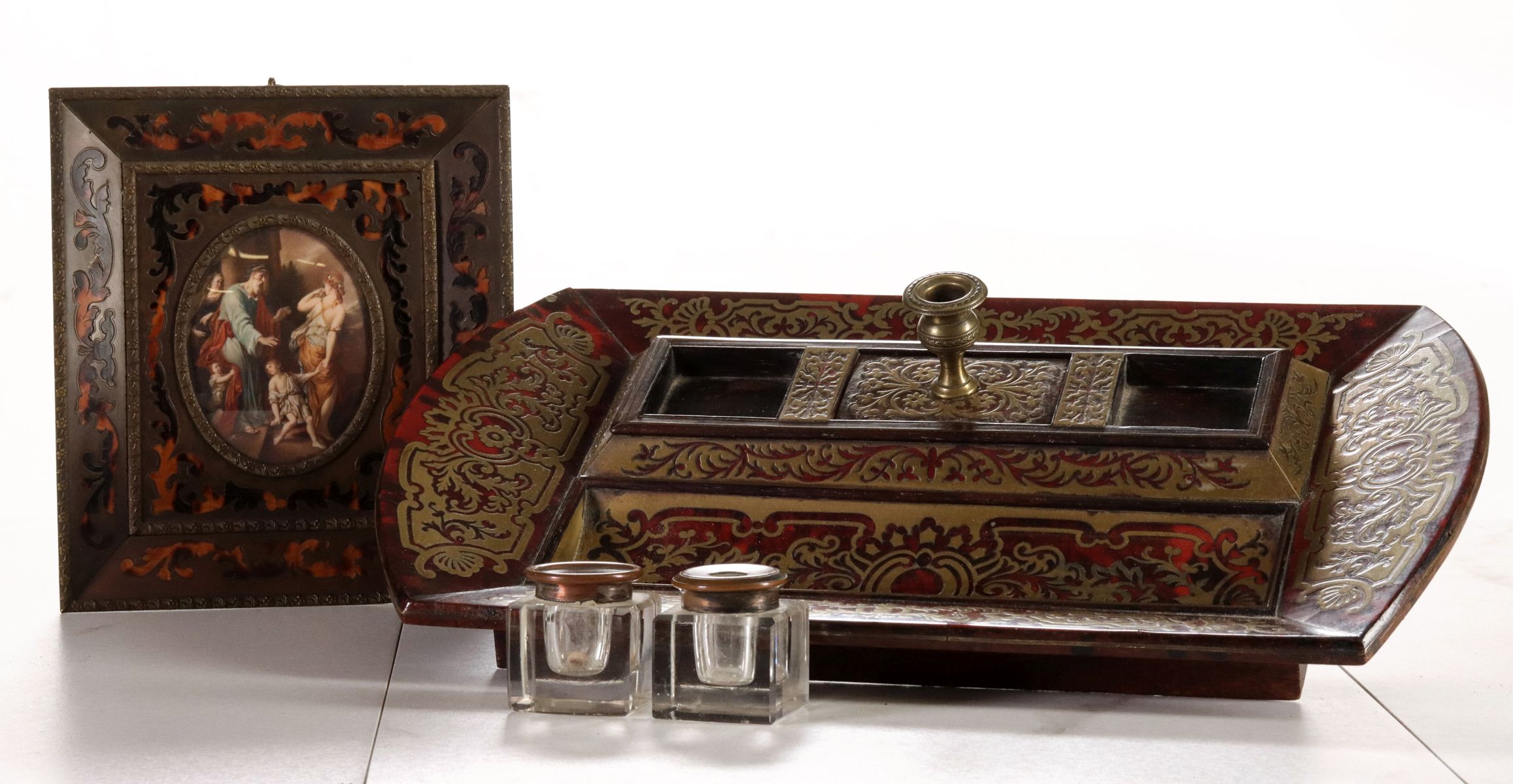 BOULLE DECORATION 19TH C INKWELL AND MINIATURE PAINTING