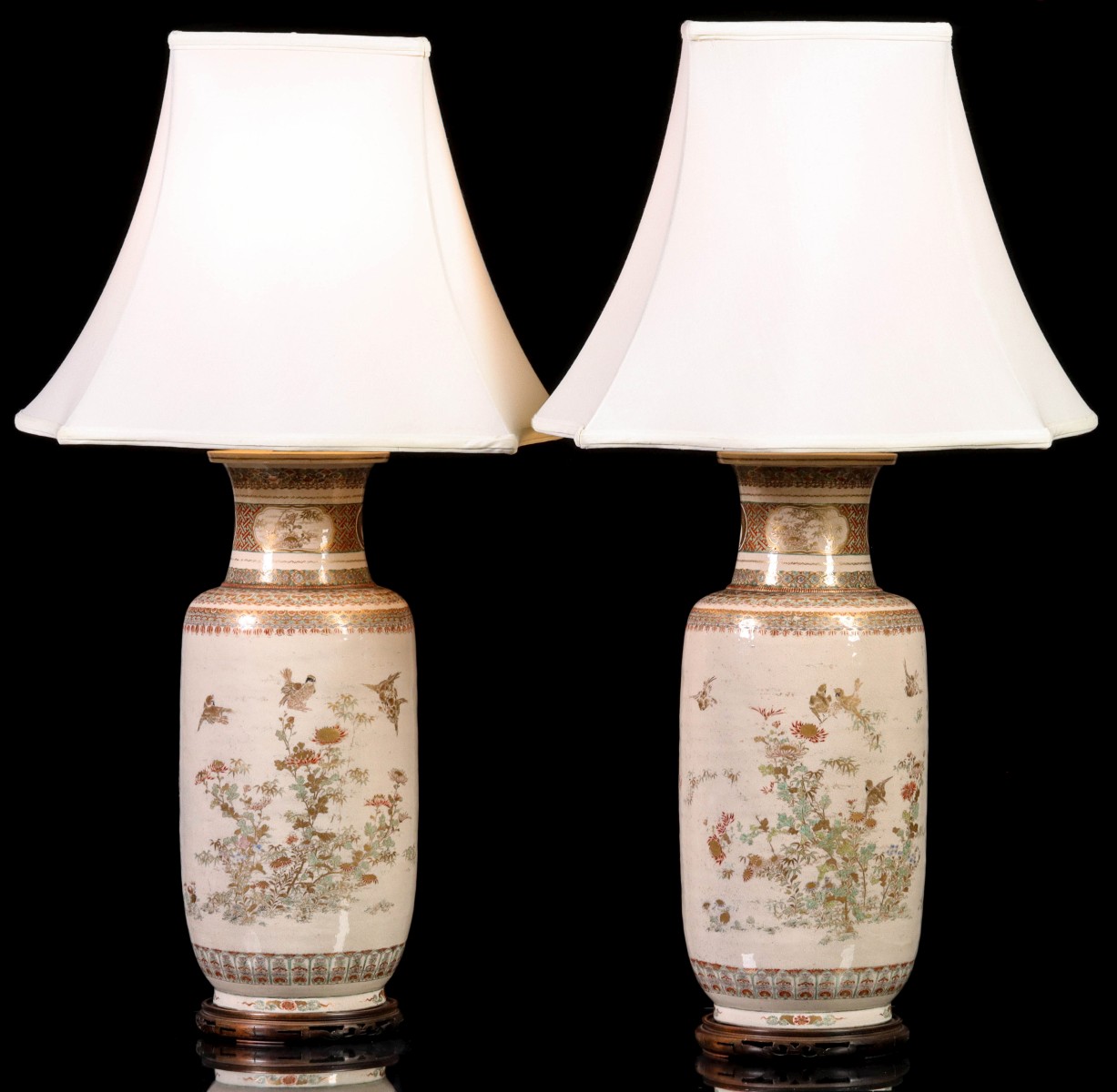 A PAIR LARGE MEIJI SATSUMA VASES NOW TABLE LAMPS