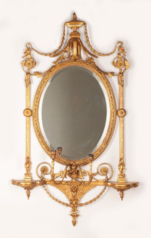 AN ENGLISH ADAM STYLE GILTWOOD BRACKETED MIRROR