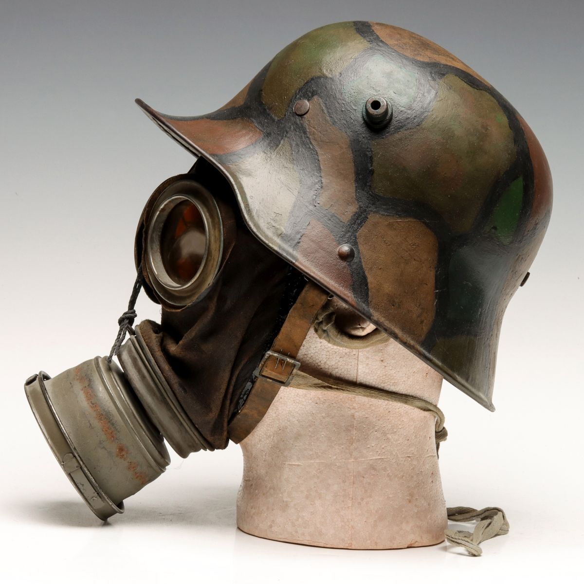 IMPERIAL GERMAN WWI M-16 HELMET, GAS MASK, CANNISTER