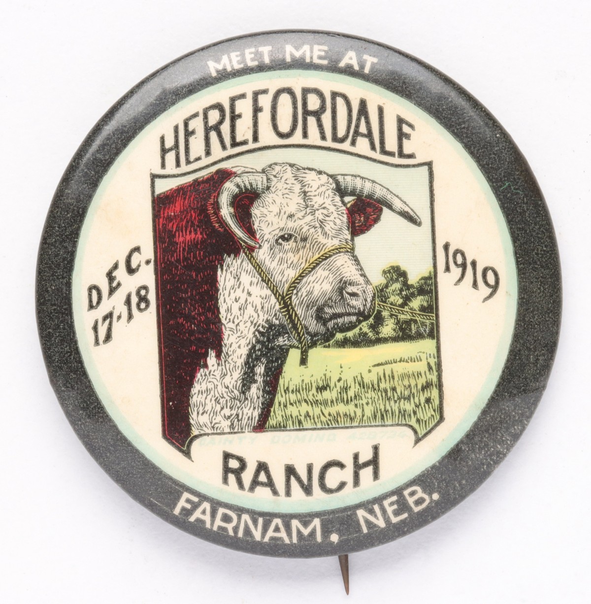 CELLULOID PINBACK BUTTON: MEET ME AT HEREFORDALE 1919