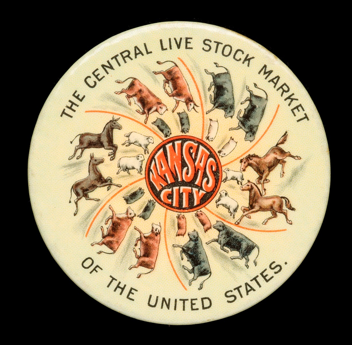 A CIRCA 1900 CELLULOID BUTTON FOR KC LIVE STOCK MARKET